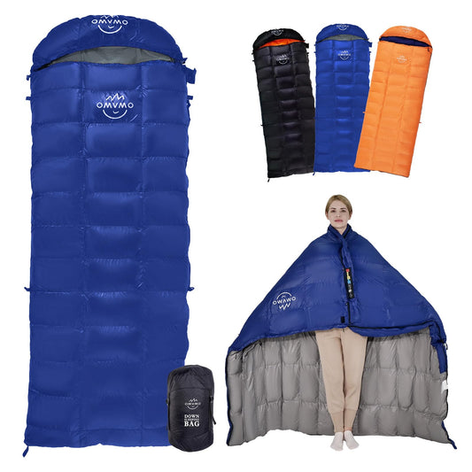 OMVMO 15 Degrees F 650 Fill Power Down Sleeping Bag for Adults Lightweight 4 Season Envelope Rectangle Down Sleeping Bag for Backpacking CampingDark Blue Right-Zipper Regular