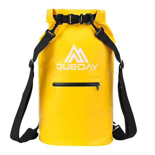 Queday Waterproof Dry Bag with Front Zippered Pocket for Women Men 20L Roll Top Lightweight Dry Storage Bag Backpack for Travel Kayaking Boating Rafting Camping Hiking & Beach Yellow