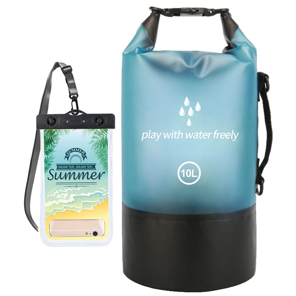 Waterproof Dry Bag5L/10L/20L Roll Top Lightweight Dry Storage Bag Backpack with Waterproof Phone Case for TravelSwimmingBoatingKayakingFishingCamping and Beach (Blue 1pcs 10L)