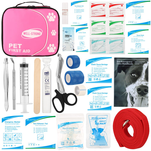 WELL-STRONG Dog First Aid Kit Waterproof Pet First Aid Kit for Dog Groomer Car Camping Pet Grooming Emergency First Aid Kit with Tick Remover Slip Leash for Home Office Travel Pink