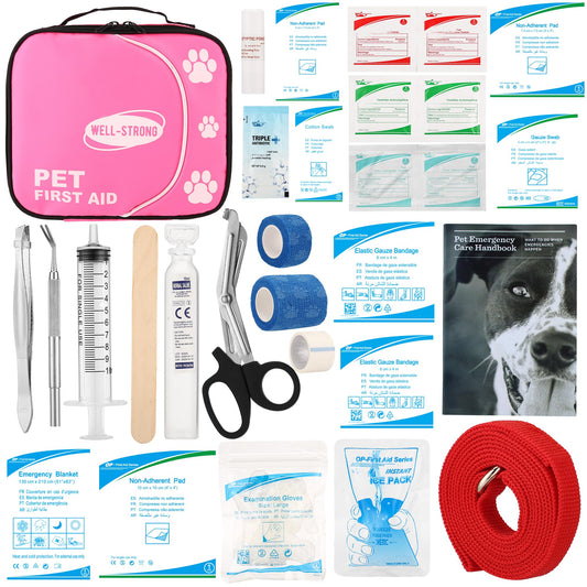WELL-STRONG Dog First Aid Kit Waterproof Pet First Aid Kit for Dog Groomer Car Camping Pet Grooming Emergency First Aid Kit with Tick Remover Slip Leash for Home Office Travel Pink